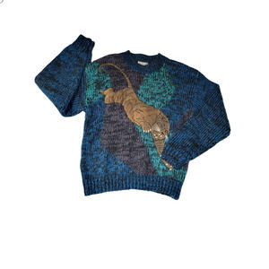 Vintage Koman Winter Acrylic Pullover Sweater Leather Tiger Blue Sz M